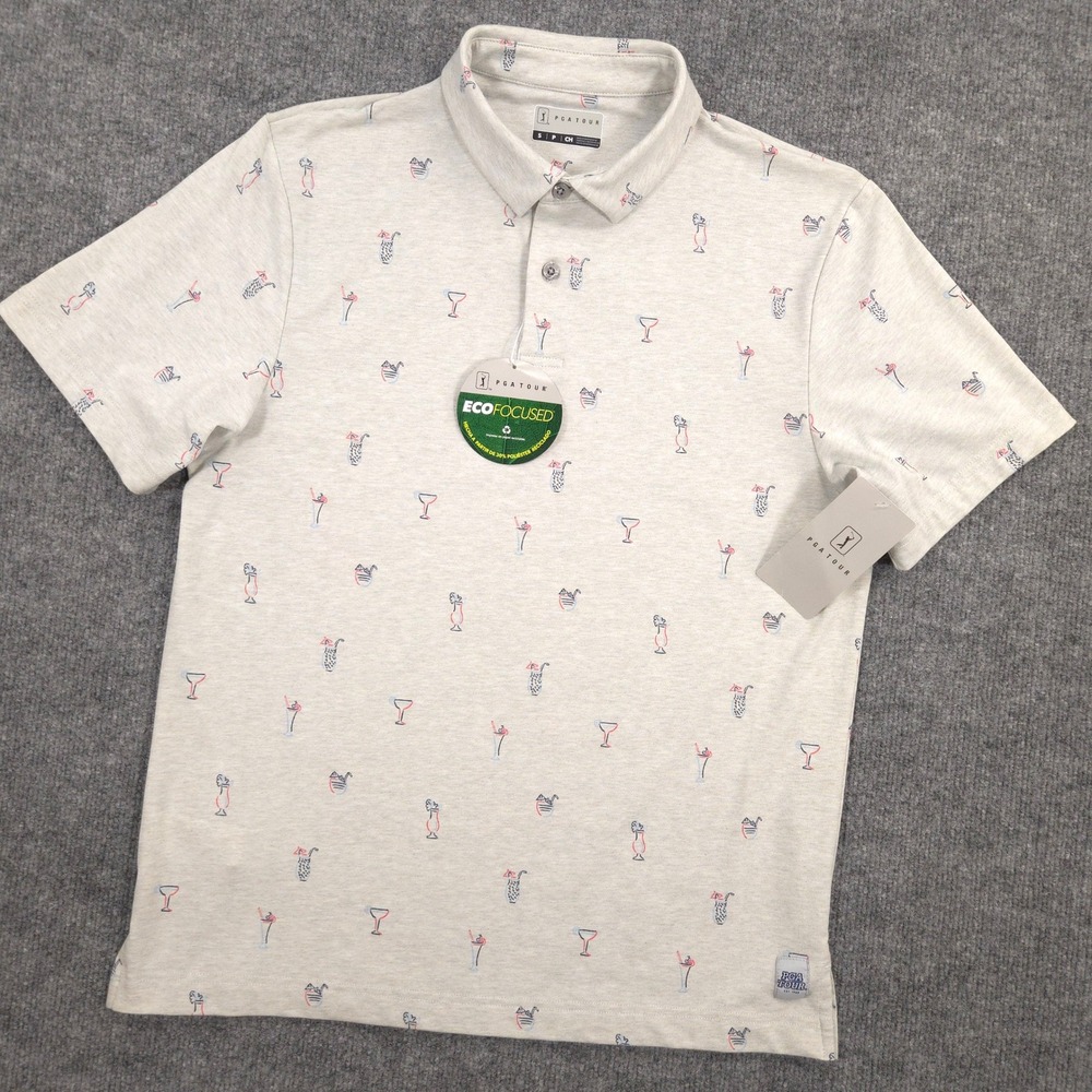PGA Tour Polo Shirt Mens Small Tropical Cocktail Drinks AOP Performance Golf NEW